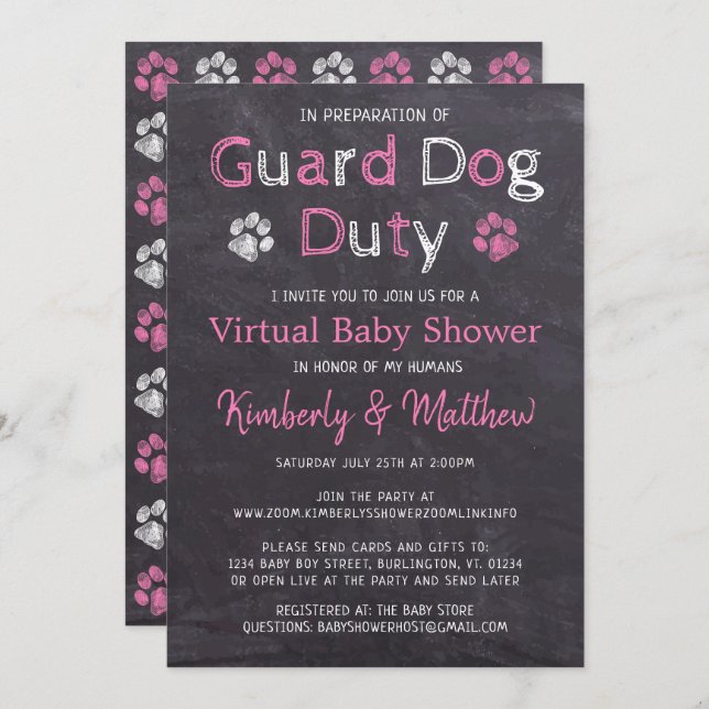 Chalkboard Dog Pink Girl Virtual Baby Shower Invitation (Front/Back)