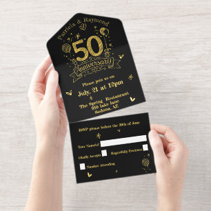 Chalkboard Doodles 50th Anniversary Gold All In One Invitation