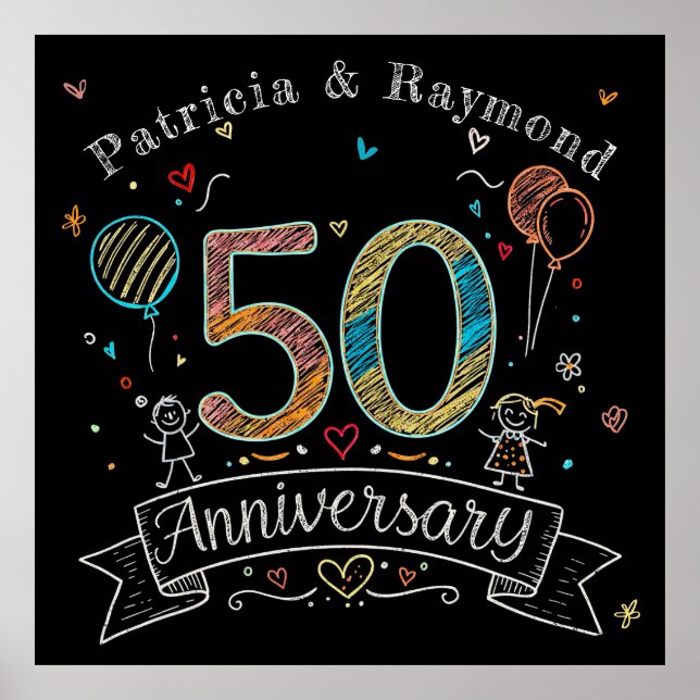 Chalkboard Doodles 50th Anniversary Personalised  Poster (Front)