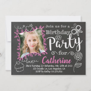 Chalkboard Doodles Girls Birthday Party Invitation