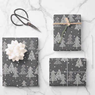 Chalkboard Drawing Christmas Trees Snow Stars Wrapping Paper Sheet
