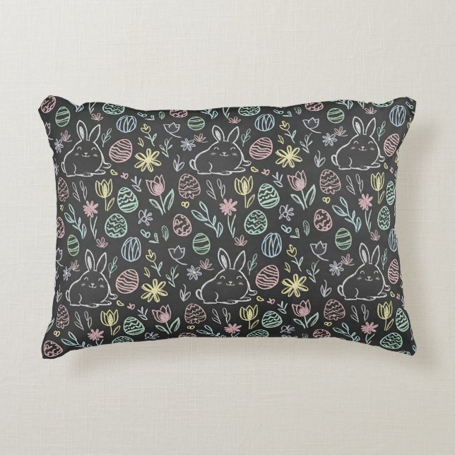 Chalkboard Easter Bunny Doodle Pattern Decorative Cushion (Front)