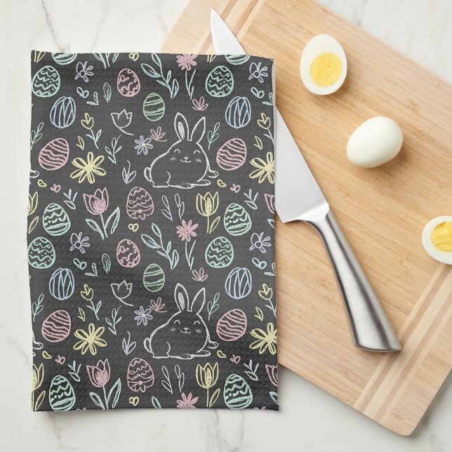 Chalkboard Easter Bunny Doodle Pattern Tea Towel (Quarter Fold)