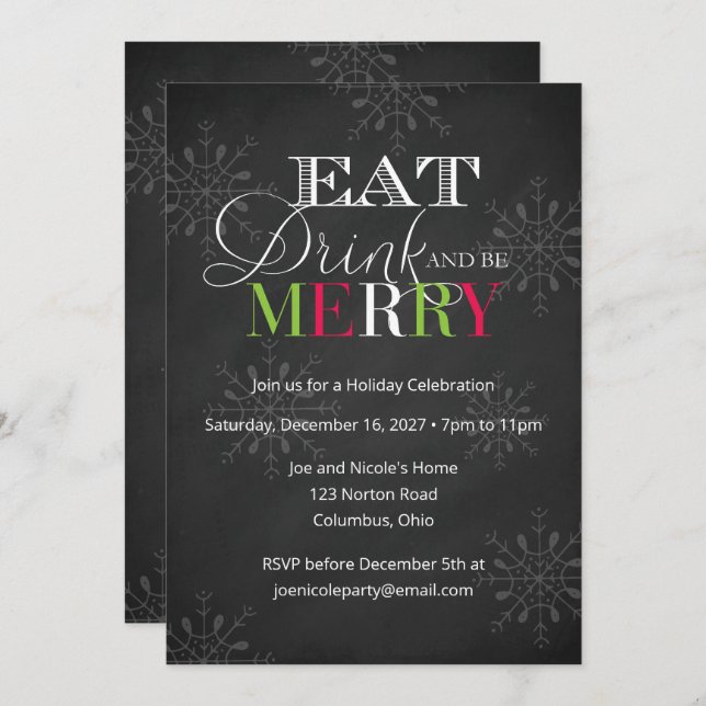 Chalkboard Eat Drink and Be Merry Christmas Invitation (Front/Back)