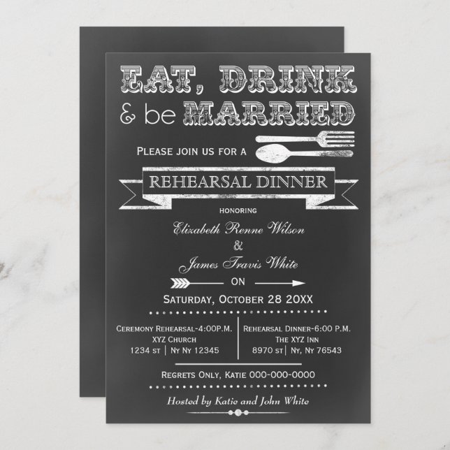 Chalkboard Eat drink rehearsal dinner invites (Front/Back)