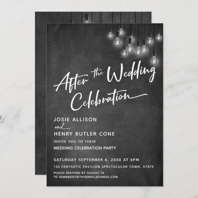 Chalkboard Edison Lights After Wedding Celebration Invitation (Front/Back)