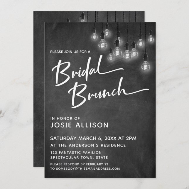 Chalkboard Edison Lights Modern Bridal Brunch Invitation (Front/Back)