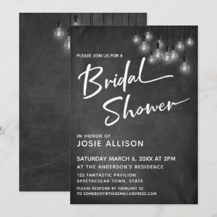 Chalkboard Edison Lights Modern Bridal Shower Invitation