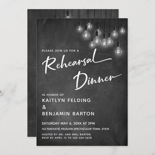 Chalkboard Edison Lights Modern Rehearsal Dinner Invitation (Front/Back)