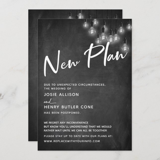 Chalkboard Edison Lights New Plan Delayed Wedding Invitation (Front/Back)