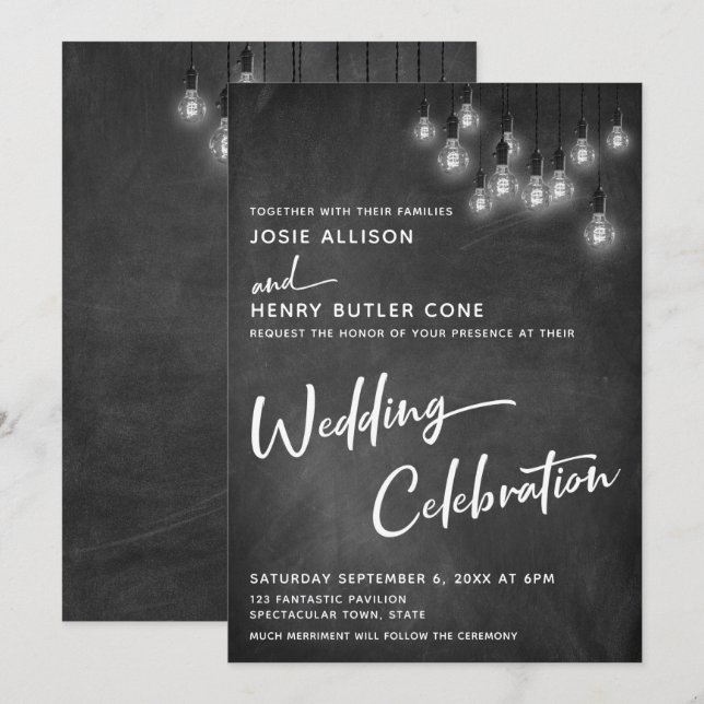 Chalkboard Edison Lights Wedding Celebration Invitation (Front/Back)