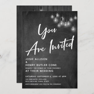 Chalkboard Edison Lights You Are Invited Wedding Invitation