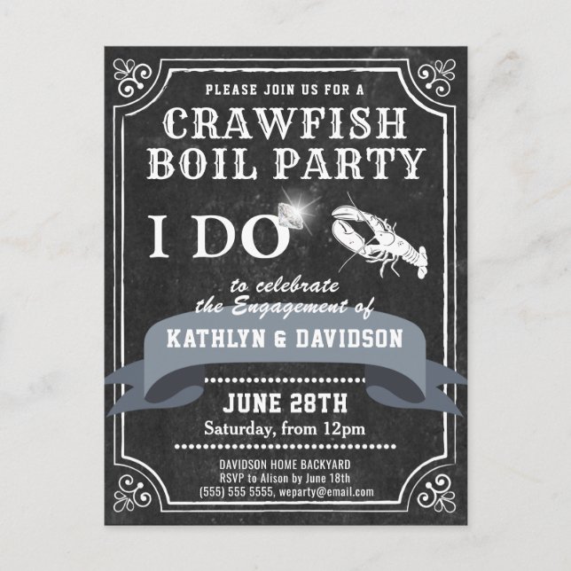 Chalkboard Engagement Crawfish Boil Invitation Postcard (Front)