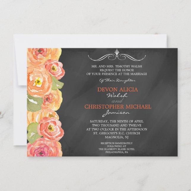 Chalkboard Fall Floral Watercolor Wedding Invite (Front)