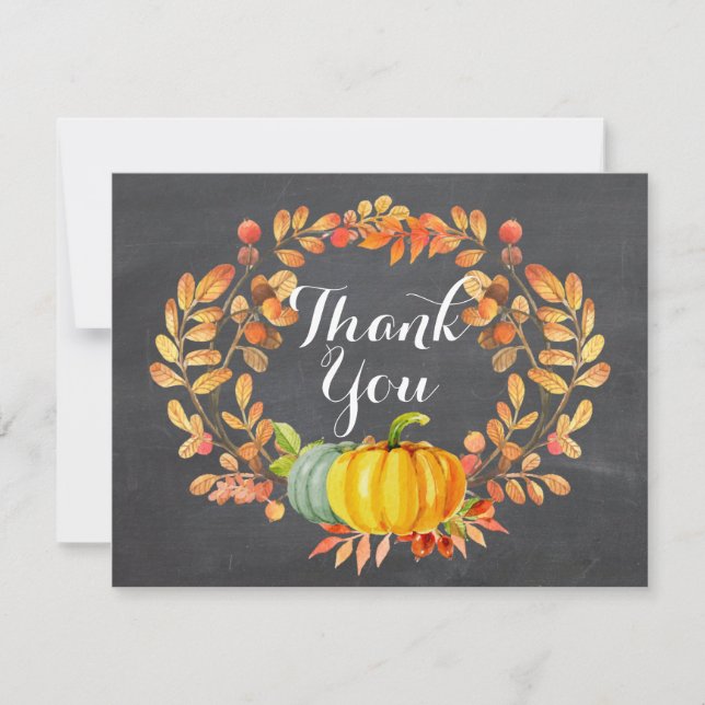 Chalkboard Fall Leaves Pumpkin Thank You Card (Front)