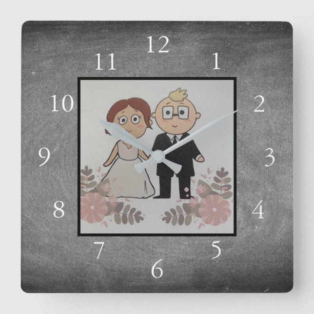 Chalkboard Family custom photo collage Square Wall Clock (Front)