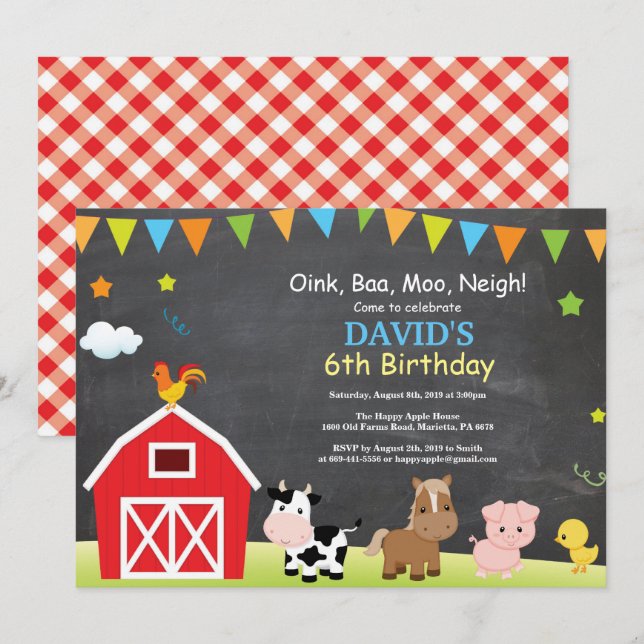 Chalkboard Farm Birthday Invitation Barnyard Party (Front/Back)