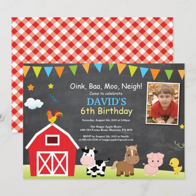 Chalkboard Farm Birthday Invitation Barnyard Party (Front/Back)