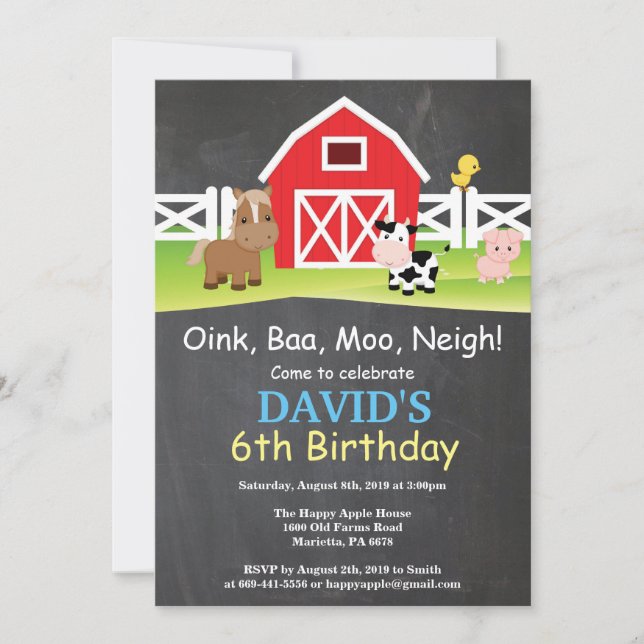 Chalkboard Farm Birthday Invitation Barnyard Party (Front)
