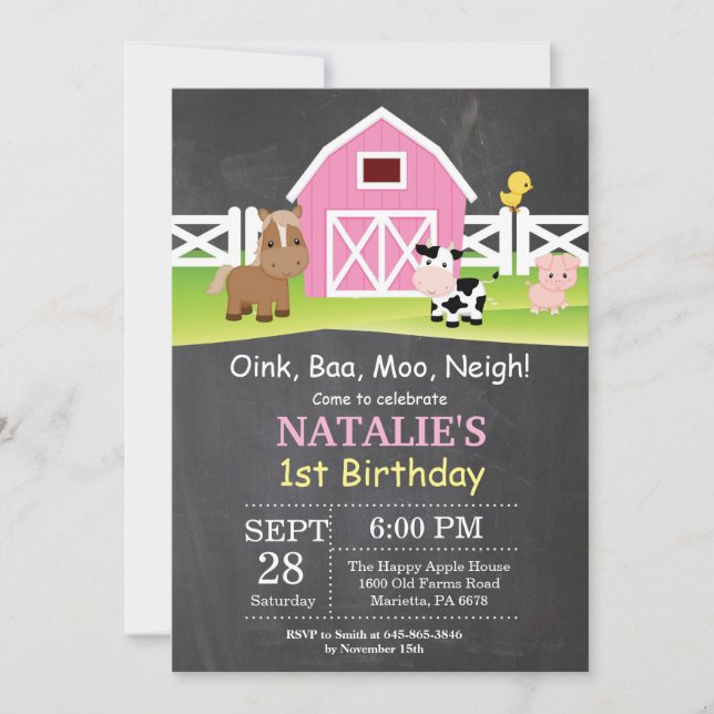 Chalkboard Farm Birthday Invitation Barnyard Party (Front)