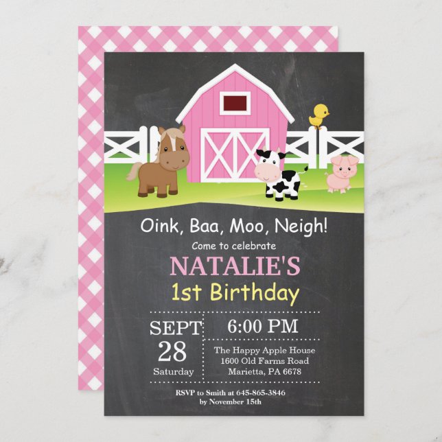 Chalkboard Farm Birthday Invitation Barnyard Party (Front/Back)