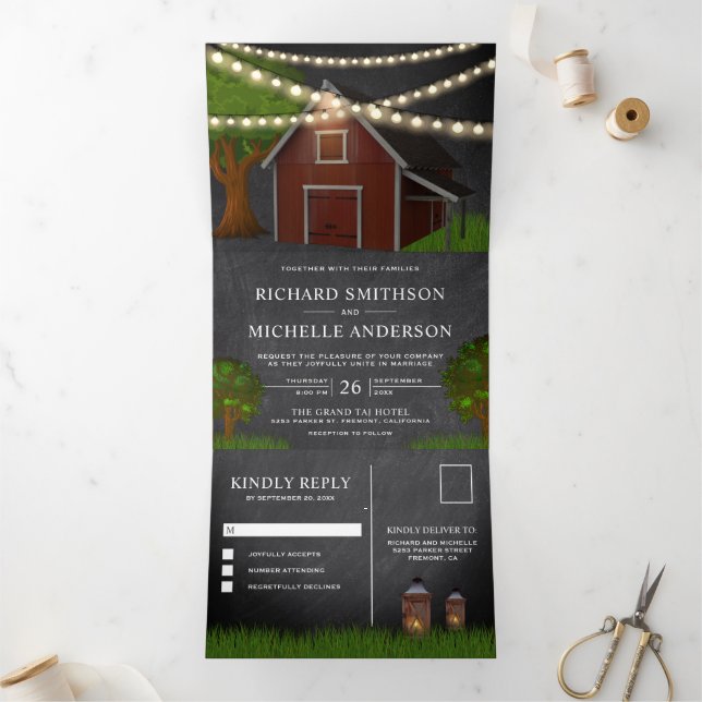 Chalkboard Farm Red Barn String Lights Wedding Tri-Fold Invitation (Inside)