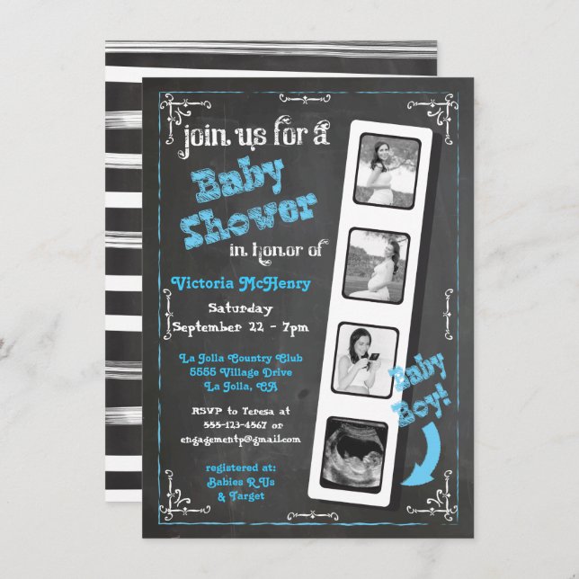 Chalkboard Film Strip Ultrasound Baby Boy Shower Invitation (Front/Back)