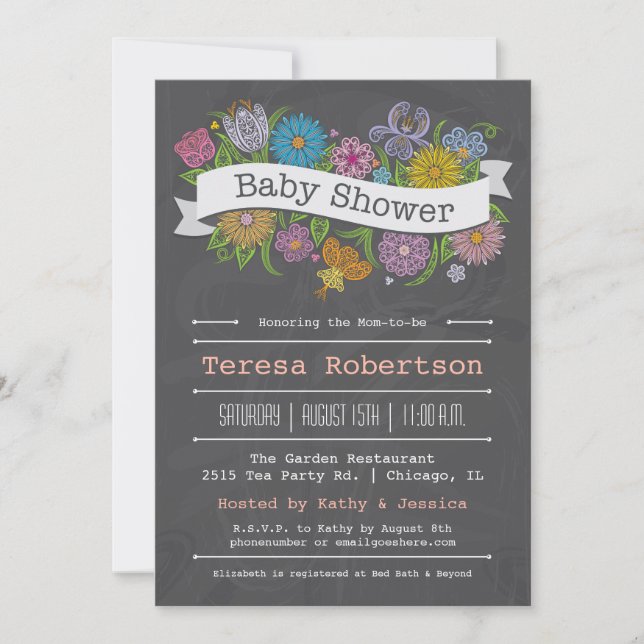 Chalkboard Floral Banner Baby Shower Invitation (Front)