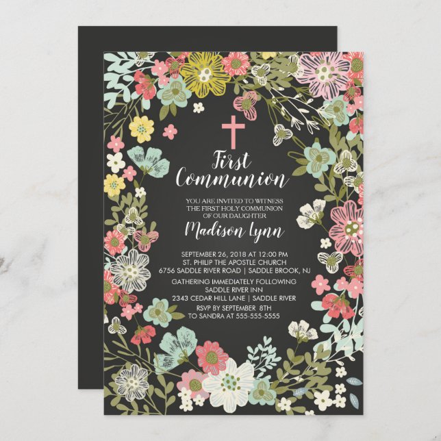 Chalkboard Floral First Holy Communion Invitation (Front/Back)