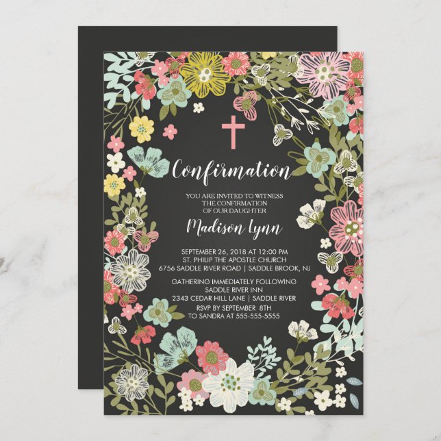 Chalkboard Floral Floral Confirmation Invitation (Front/Back)