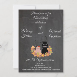 Chalkboard floral funny cute cat couple wedding invitation
