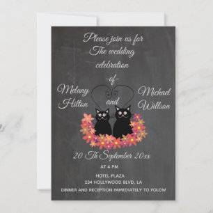Chalkboard floral funny cute cat couple wedding invitation
