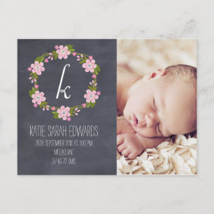 Chalkboard Floral Girl Baby Announcement Postcard