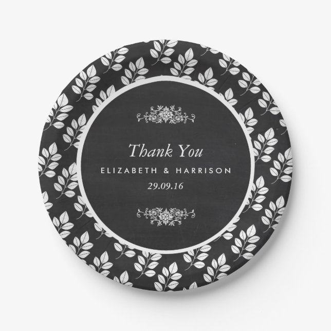 Chalkboard Floral Leaf Wedding Paper Plate (Front)