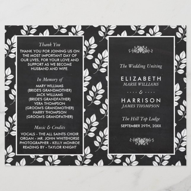 Chalkboard Floral Leaf Wedding Program (Front)