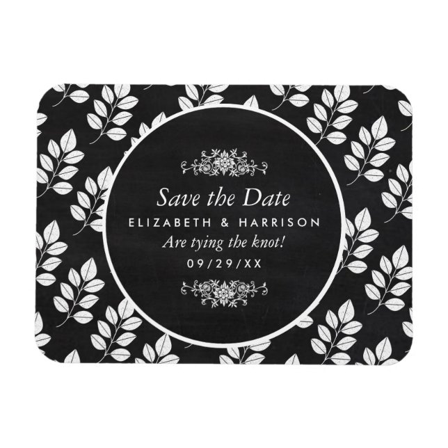 Chalkboard Floral Leaf Wedding Save The Date Magnet (Horizontal)