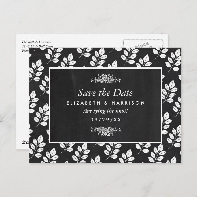 Chalkboard Floral Leaf Wedding Save The Date Postcard (Front/Back)
