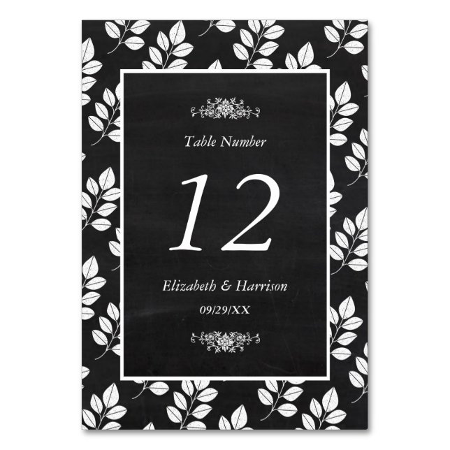 Chalkboard Floral Leaf Wedding Table No. Number (Front)