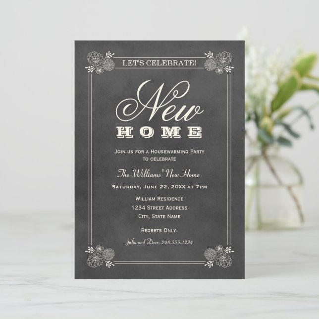 Chalkboard Floral New Home Housewarming Invitation (Standing Front)