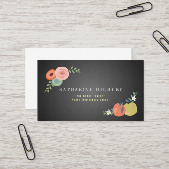 Chalkboard Floral Rose Apple Teacher Business Card (Front/Back In Situ)