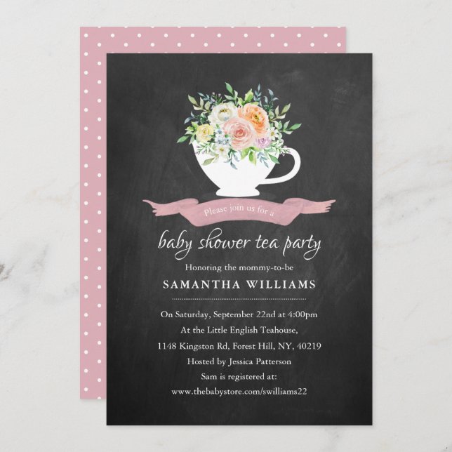 Chalkboard Floral Teacup Baby Shower Tea Party Invitation (Front/Back)