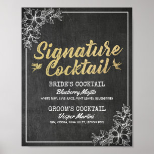 Chalkboard Floral Wedding Signature Drink Menu Poster