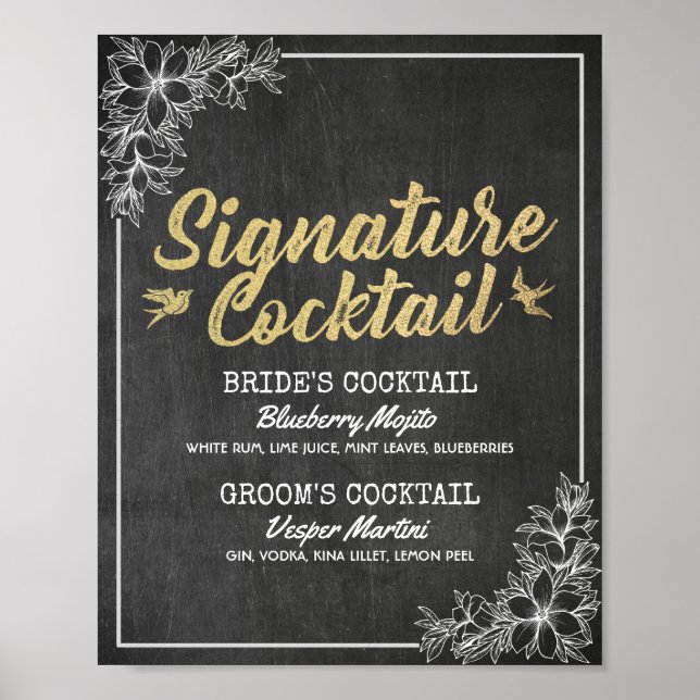 Chalkboard Floral Wedding Signature Drink Menu Poster (Front)