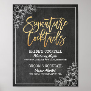 Chalkboard Floral Wedding Signature Drink Menu Poster