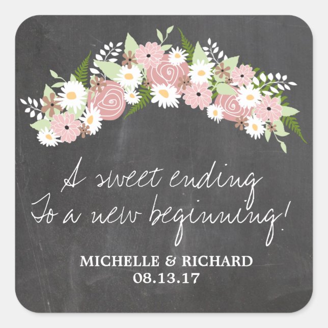 Chalkboard Floral Wreath Wedding Square Sticker (Front)