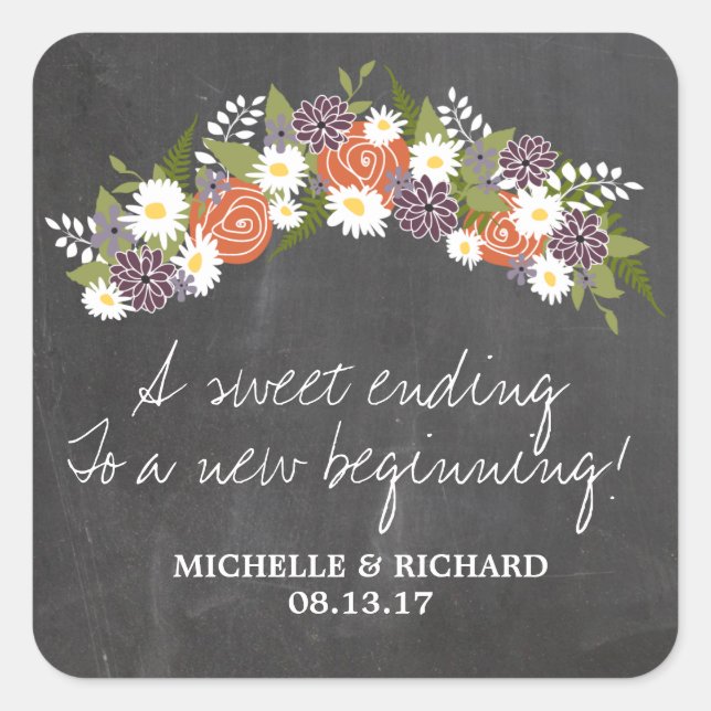 Chalkboard Floral Wreath Wedding Square Sticker (Front)