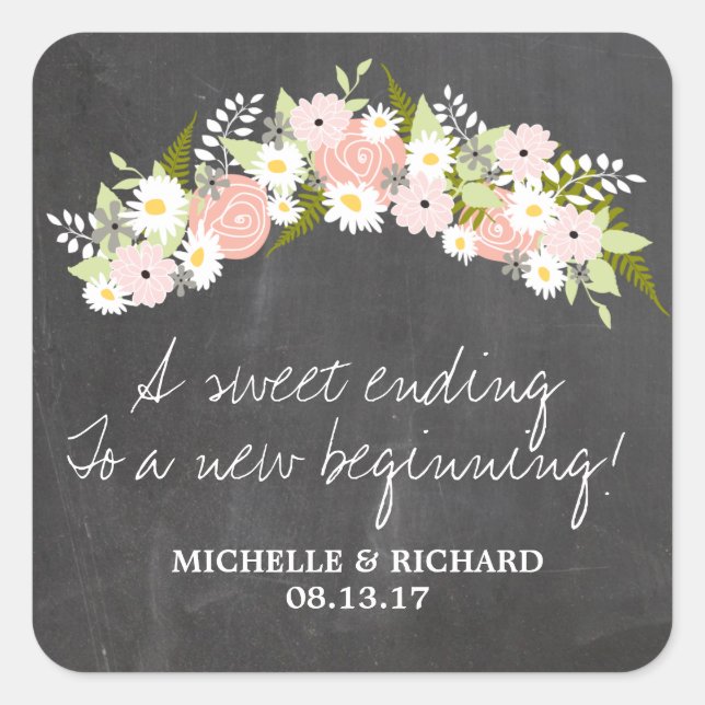 Chalkboard Floral Wreath Wedding Square Sticker (Front)