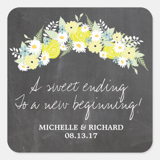 Chalkboard Floral Wreath Wedding Square Sticker (Front)