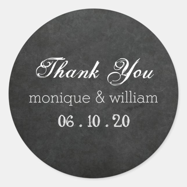 Chalkboard Flourish Rustic Wedding Thank You Classic Round Sticker (Front)