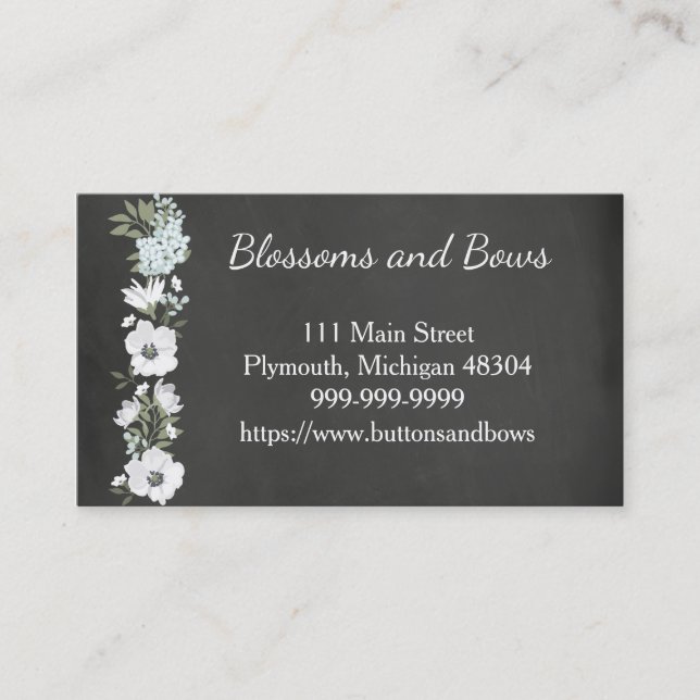 Chalkboard Flower Shop Business Card White Flowers (Front)